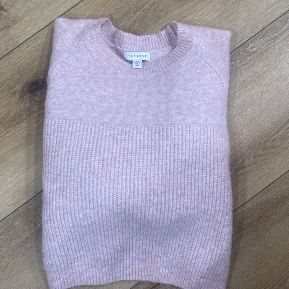 Topshop Sweater Crew Ribbed Sleeves Pullover Knit Top. Pink/Blush.